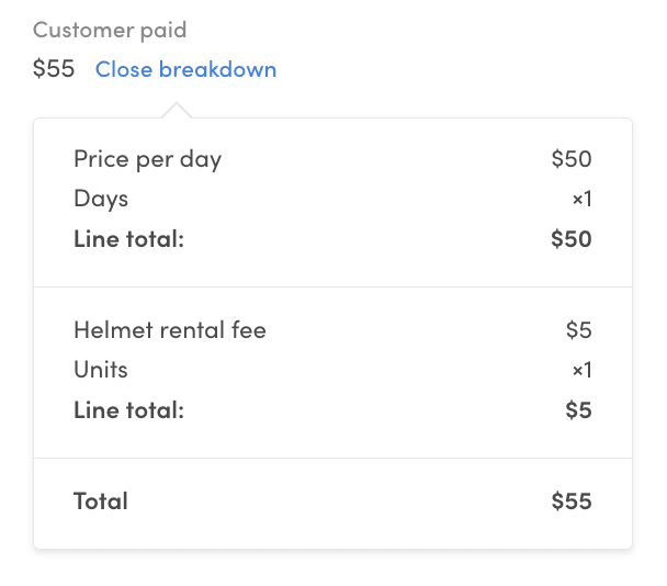 Helmet fee in booking breakdown in Flex Console