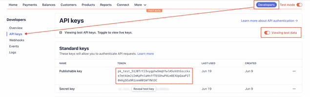 Get API keys from Stripe