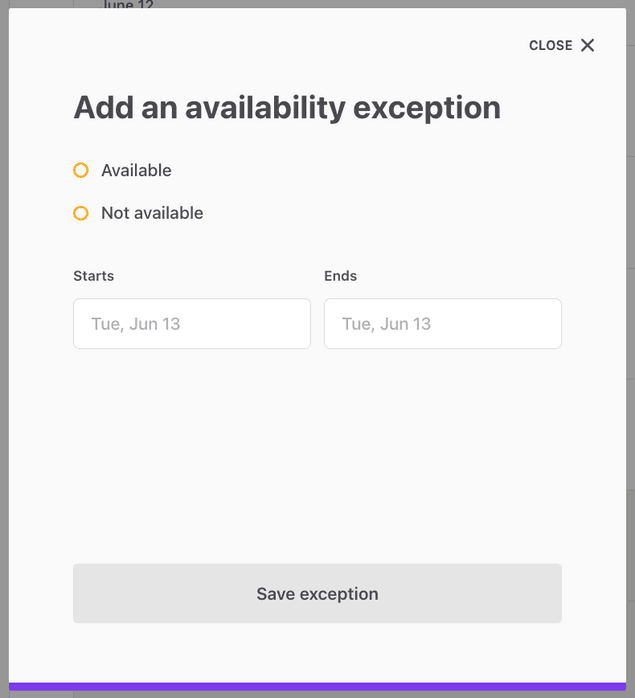 Availability exceptions modal